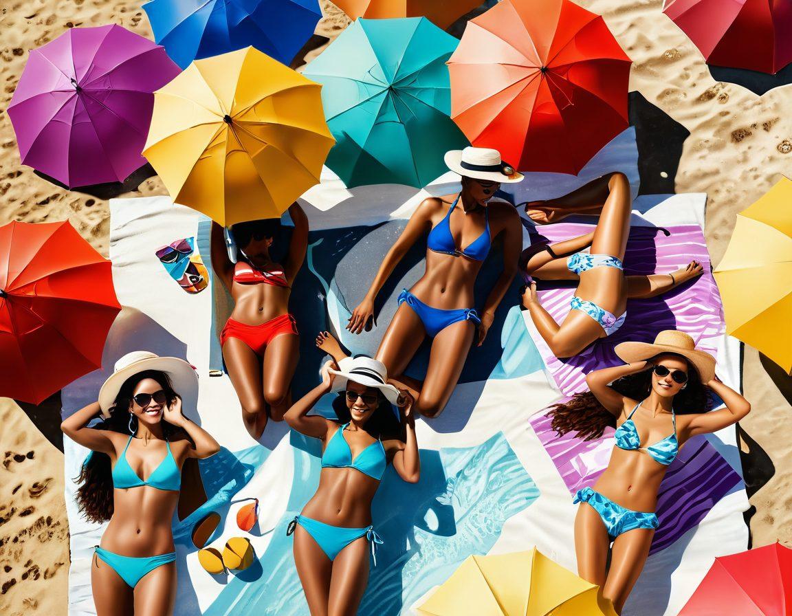 A vibrant beach scene showcasing stylish swimwear on diverse models of different ethnicities, lounging under colorful umbrellas. In the background, a sparkling ocean reflects the sun, with beachwear accessories like hats, sunglasses, and towels artfully arranged. Beachgoers are enjoying activities like beach volleyball and surfing, adding life and energy to the setting. The atmosphere is bright, cheerful, and exudes a sense of summer fun. realistic illustration. vibrant colors. sunny ambiance.