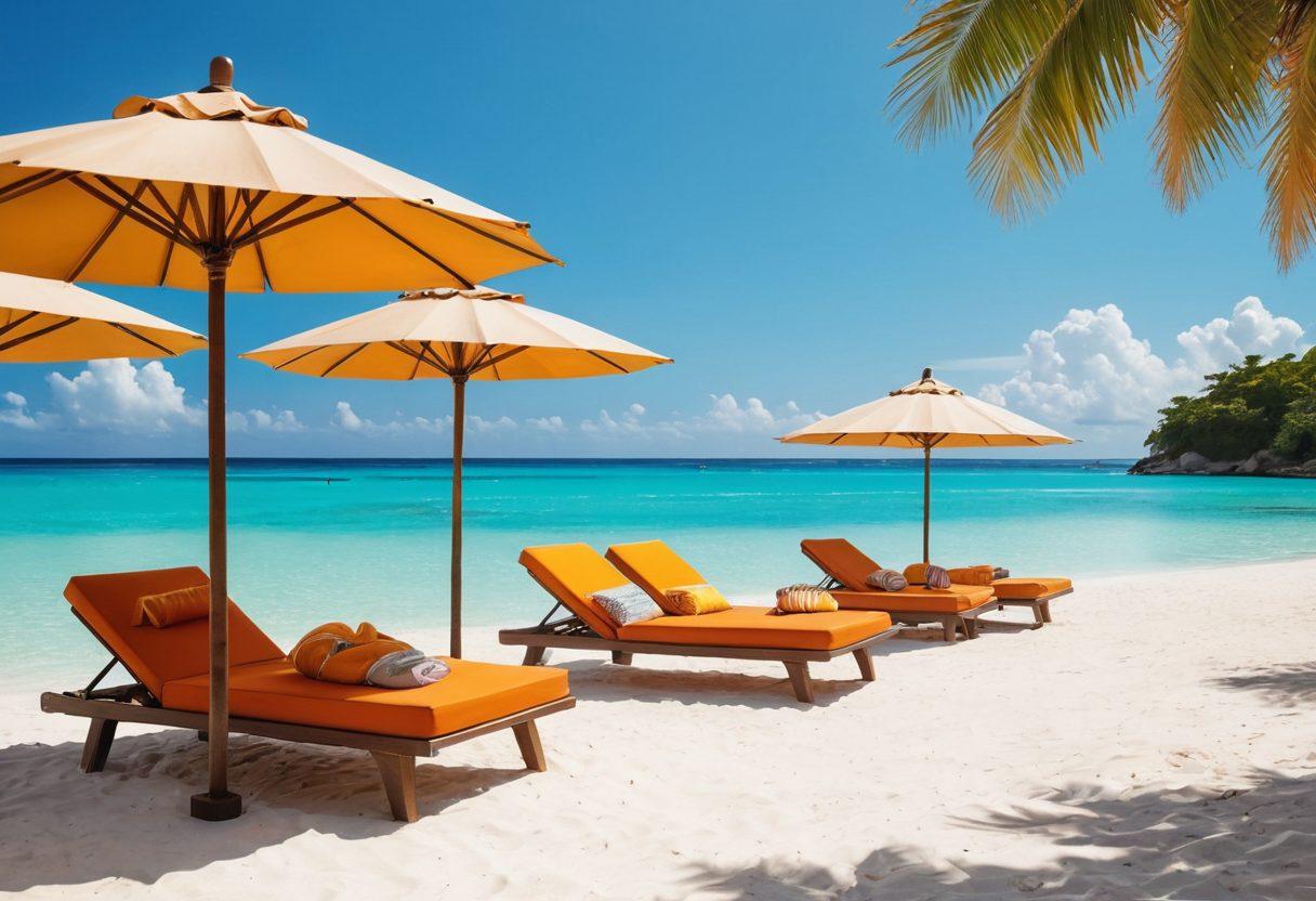 A serene beach scene showcasing a diverse group of people lounging in luxurious beachwear, vibrant umbrellas dotting the white sand, crystal-clear turquoise waters in the background. Include sun hats, designer swimsuits, and stylish cover-ups, with a hint of golden sunshine casting warm tones across the scene. A beachside bar with exotic cocktails can be seen to enhance the mood of leisure and comfort. super-realistic. vibrant colors. airy atmosphere.